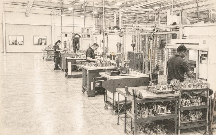 Conceptual manufacturing floor with active workstations, kitted parts, and production cells