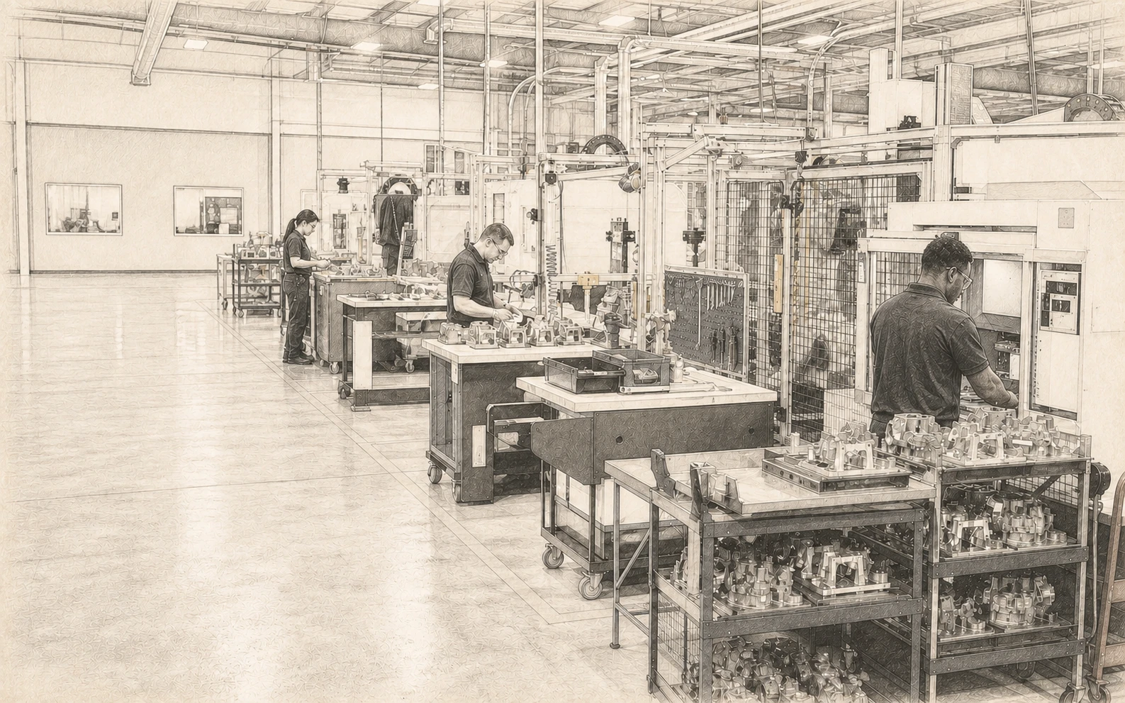 Conceptual discrete manufacturing floor with work-in-process fixtures, kitted parts, and active production cells