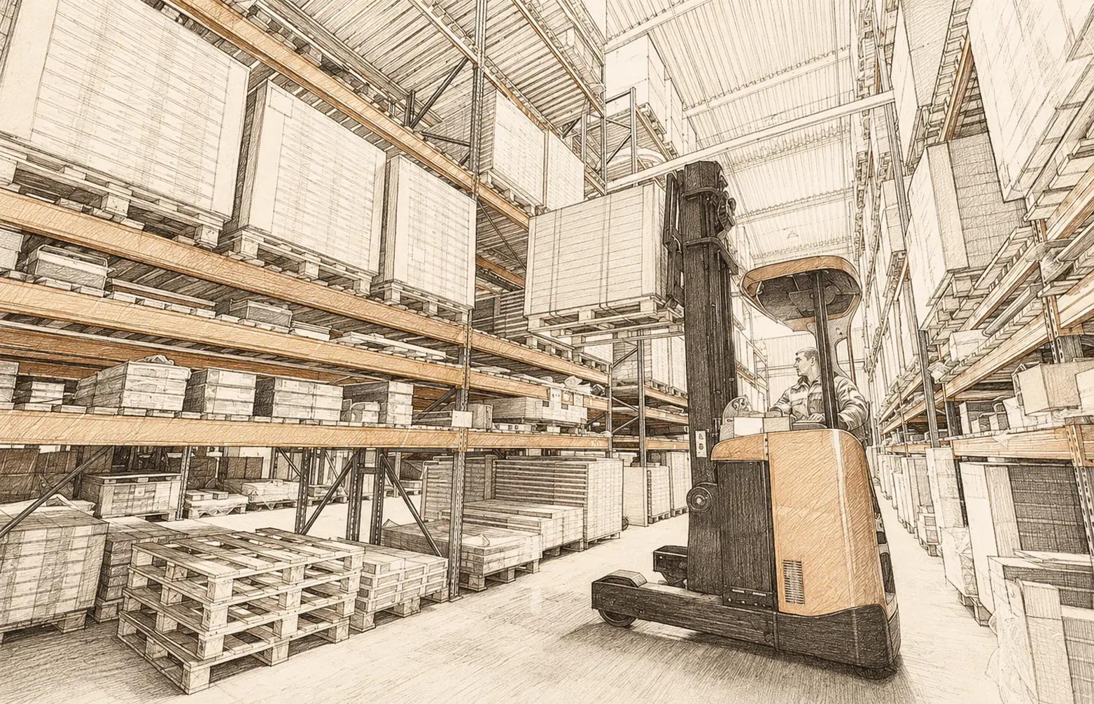 Reach truck moving palletized inventory through warehouse racking