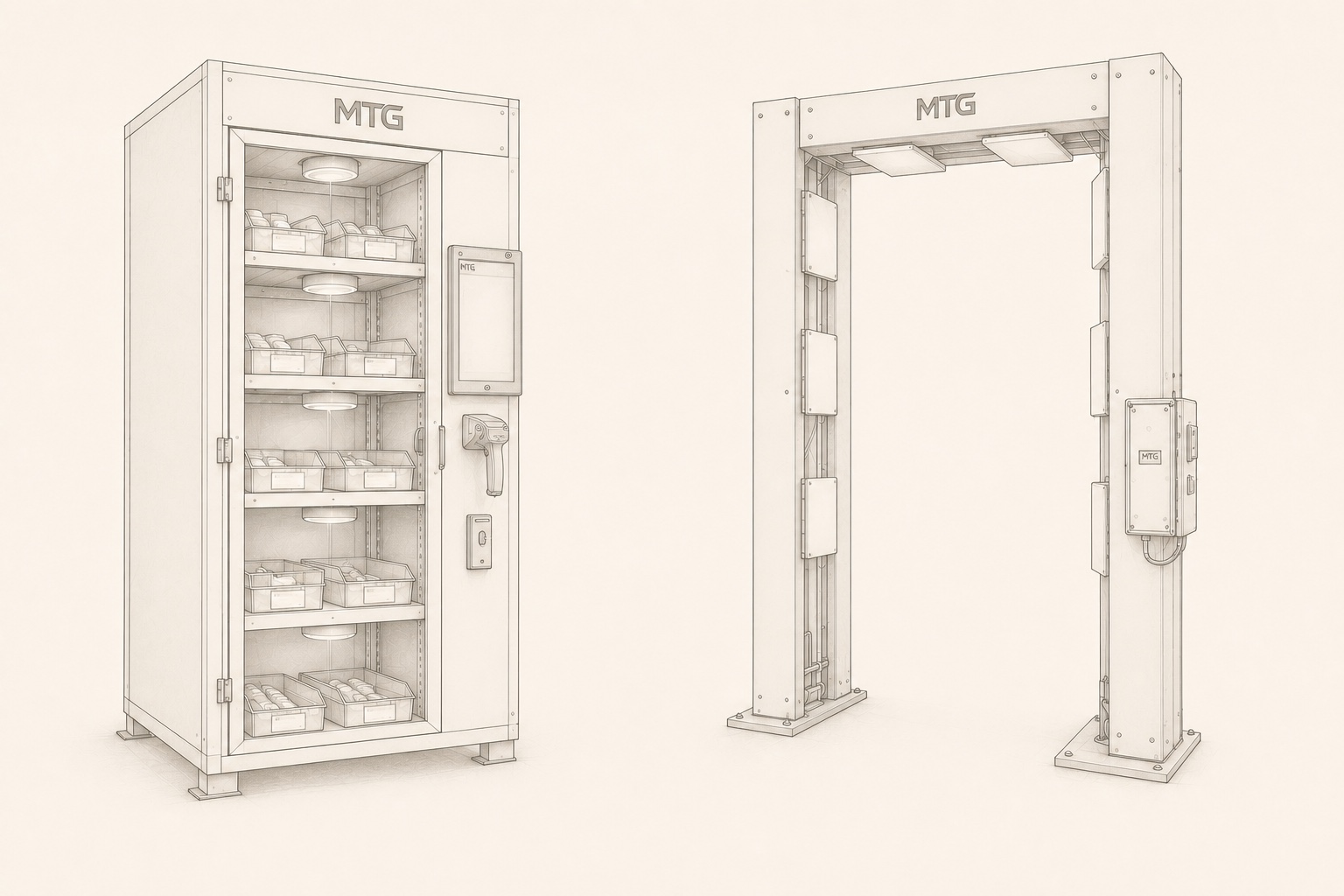 Outline concept drawing of an MTG RFID-enabled parts cabinet and RFID portal gateway