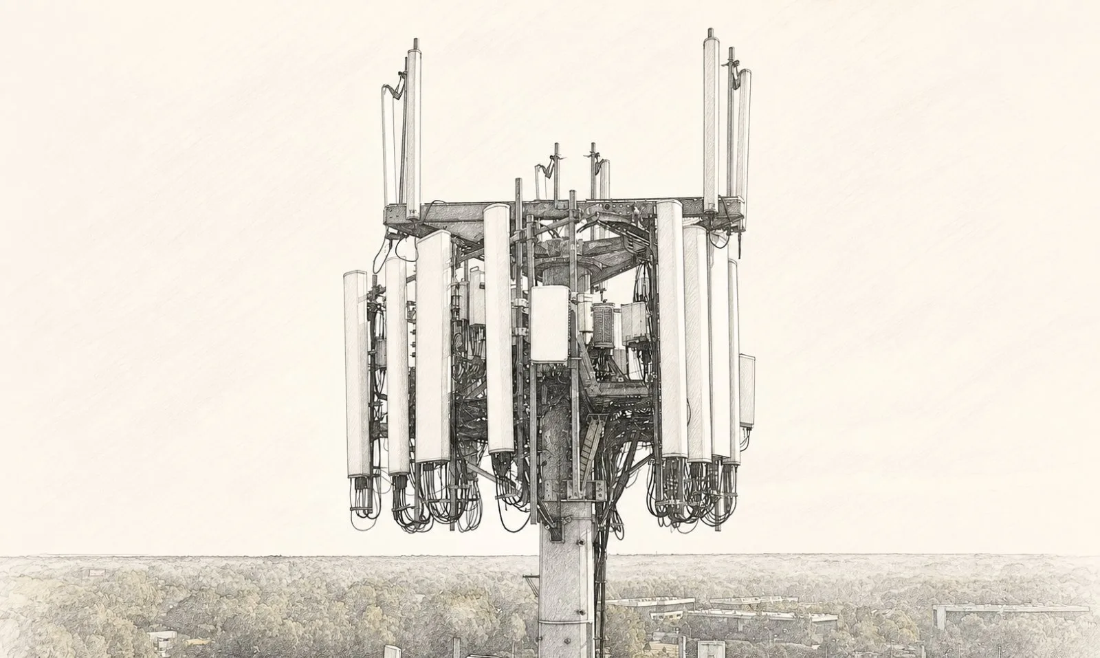 Private cellular network antenna array mounted on a rooftop tower