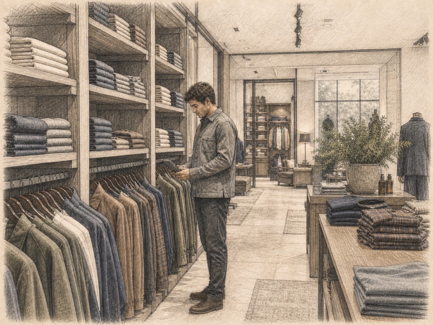 Retail associate checking inventory in a fully stocked premium store