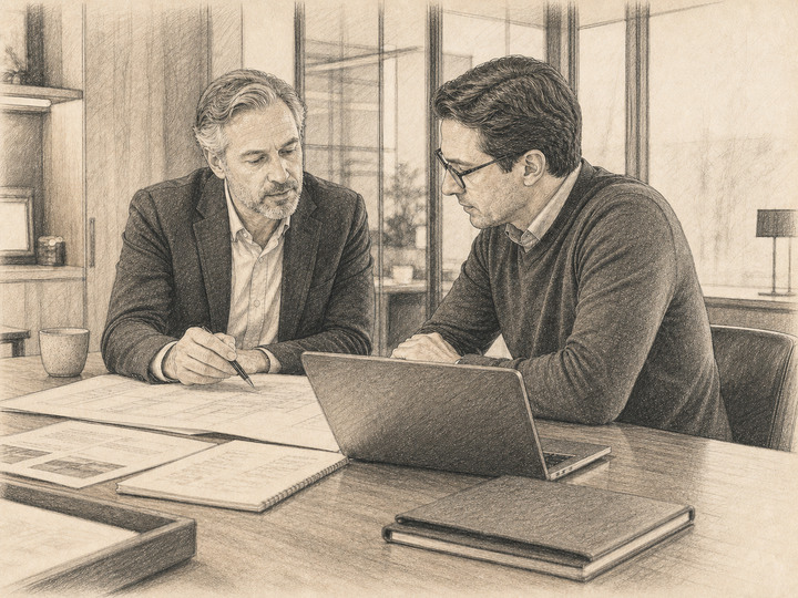 Senior RFID consultant reviewing an enterprise project plan with a client