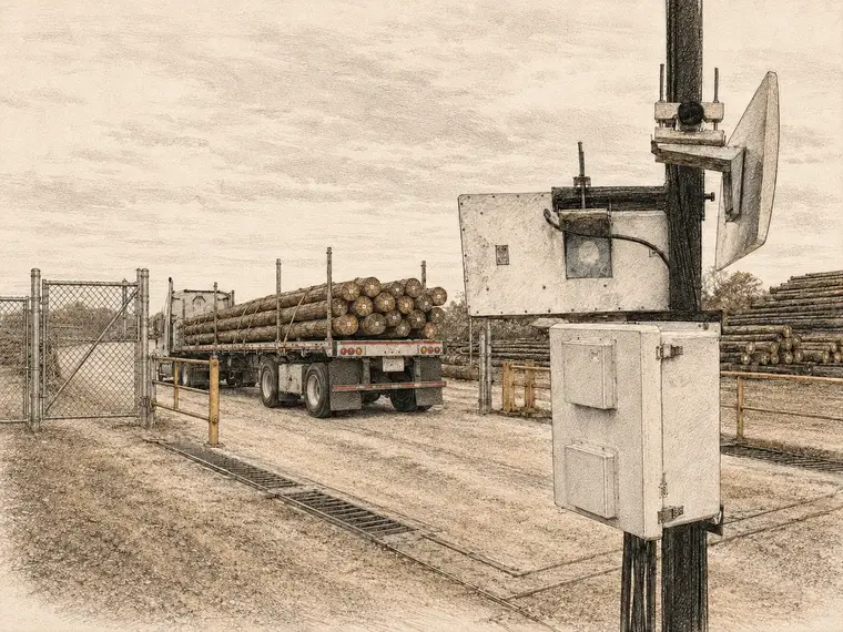 RFID portal reading a tagged utility pole load at a yard gate