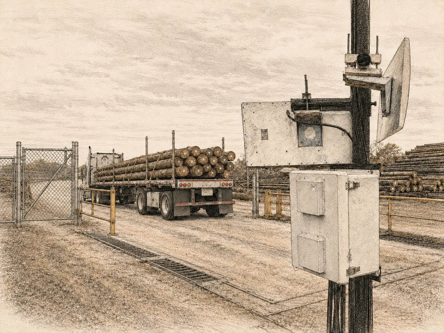 Utility material yard with a truck carrying infrastructure assets
