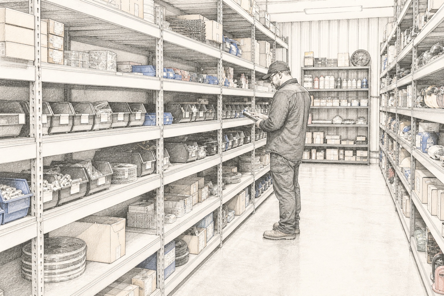 Stockroom associate reviewing stocked industrial inventory