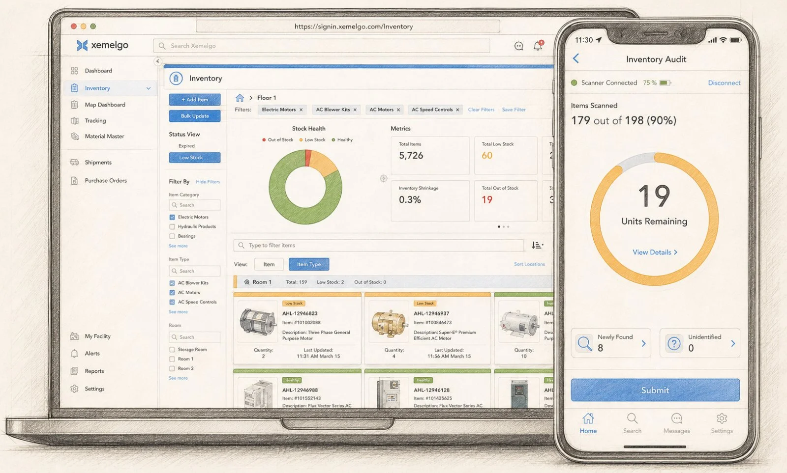RFID inventory software shown across desktop and mobile screens